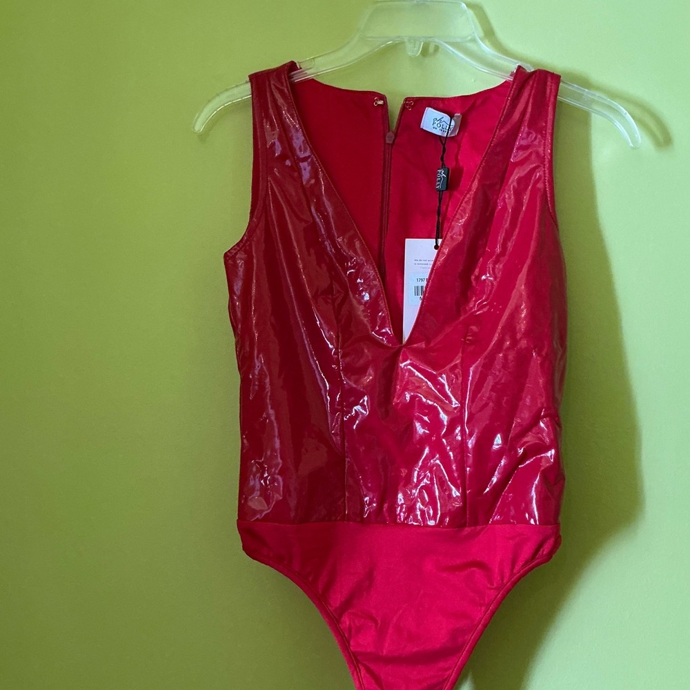 Oh Polly Red Shiny Plunge Bodysuit